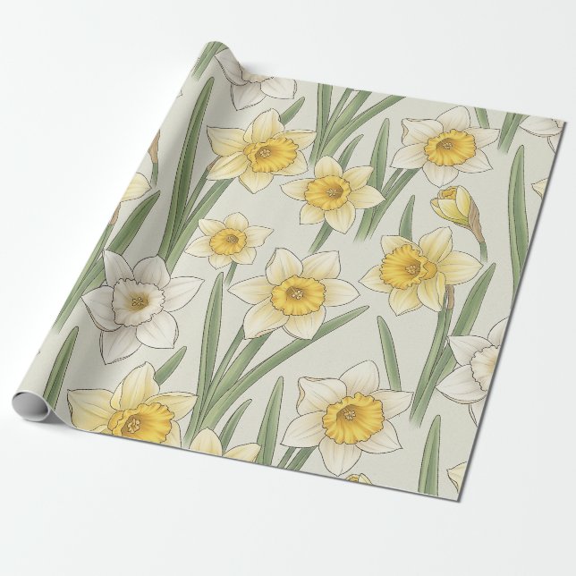 Papel De Presente Narciso Floral de Primavera em Amarelo e Verde Sua (Desenrolado)
