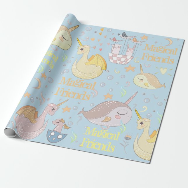 Papel De Presente Narval, Dragão Pastel Azul Bebê Personalizado (Desenrolado)