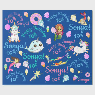 Papel De Presente Narval, Sereia, Unicórnio Nome Personalizado, Idad