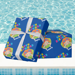 Papel De Presente Natação Team Rapariga Cuja Cabeça Vermelha Piscina