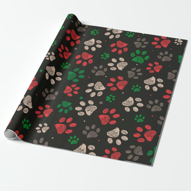 Papel De Presente Natais impressões de patas rabiscadas  (Desenrolado)
