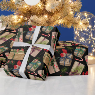 Papel De Presente Natais vintages com presentes decorados em preto