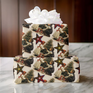 Papel De Presente Natais vintages Crianças com estrelas e árvore