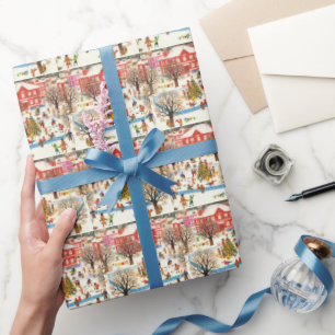 Papel De Presente Natais vintages de Retrô de Neve da Vila de Natal