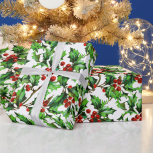 Papel De Presente Natais vintages Festivos Red Holly Berries 