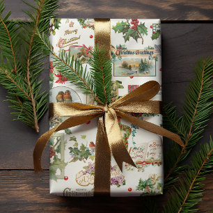 Papel De Presente Natais vintages Festivos Saudações Collage-Ecru