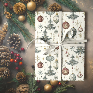 Papel De Presente Natais vintages Ornamentos em Creme