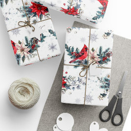 Papel De Presente Natais vintages Padrão Cardinal de Poinsettia