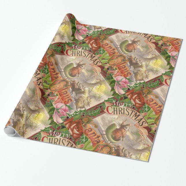 Papel De Presente Natais vintages Santa Claus Sleigh (Desenrolado)