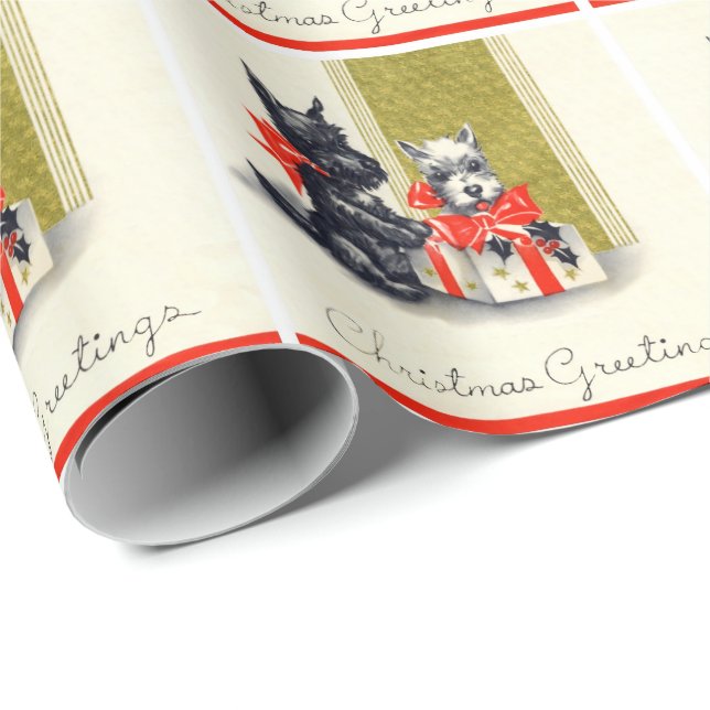 Papel De Presente Natais vintages Scottish Terrier Dog (Ponta do rolo)