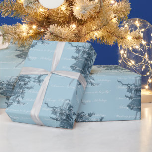 Papel De Presente Natais vintages sinos de feriado azul neutro
