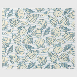 Papel De Presente Natal à Beira-Mar Azul Aquarela Conchas