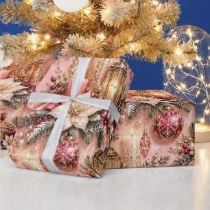 Papel De Presente Natal à Luz de Velas Rosa Bege