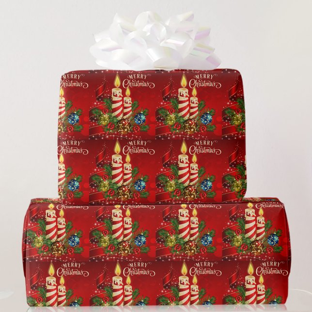 Papel De Presente Natal à Luz de Velas Vermelho, Velas, Pinhas (Criador carregado)