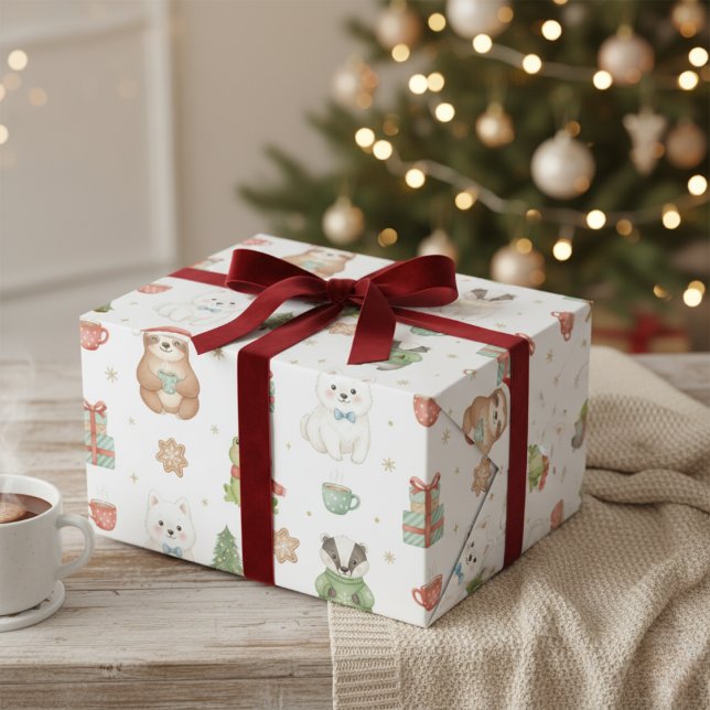 Papel De Presente Natal Animais da Floresta Fofos (Cute Festive Woodland Animals Christmas Wrapping Paper)
