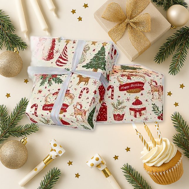 Papel De Presente Natal Aniversário Vermelho Caprichoso (Criador carregado)
