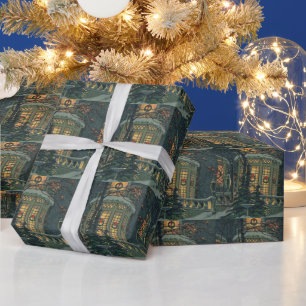 Papel De Presente Natal Antigo, Casa com Grinaldas nas Janelas