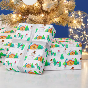Papel De Presente Natal Antigo Casa de Inverno Boneco de Neve Árvore