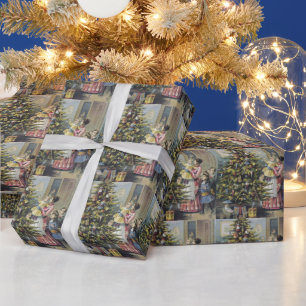 Papel De Presente Natal Antigo, Família Vitoriana em Torno da Árvore