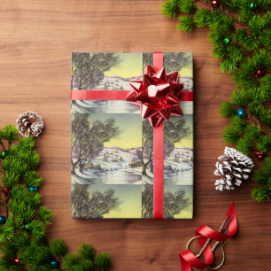 Papel De Presente Natal Antigo, Lago Congelado com Patinadores no Ge