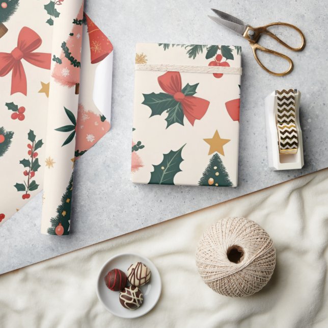 Papel De Presente Natal Antigo Musgo e Laços Feriados (Artesanato)