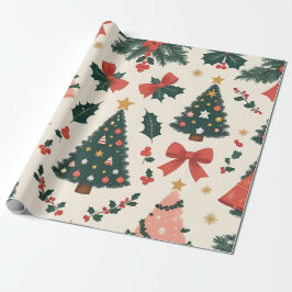 Papel De Presente Natal Antigo Musgo e Laços Feriados