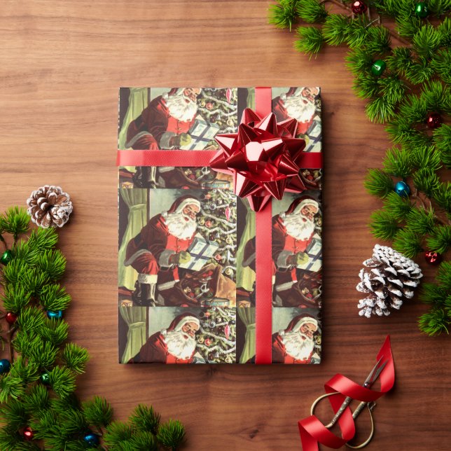 Papel De Presente Natal Antigo, Papai Noel Retro com Presentes (Presente de Natal)
