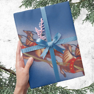 Papel De Presente Natal Antigo, Papai Noel Voando com Trenó e Rena