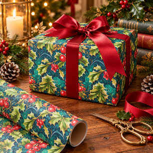Papel De Presente Natal Antigo Vitoriano com Azevinho e Bagas