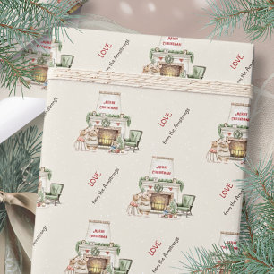 Papel De Presente Natal ao Pé da Lareira com Ratos em Aquarela Aconc