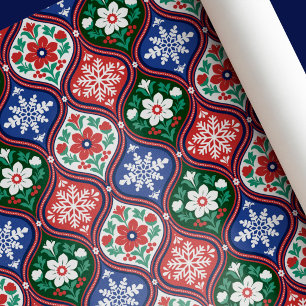 Papel De Presente Natal Arte Folclórica Floral Festiva de Floco de N