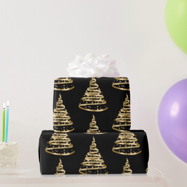 Papel De Presente Natal Árvore de Fita Preta e Dourada Elegante (Presentes para festas)
