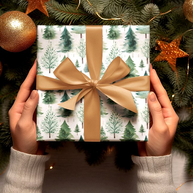 Papel De Presente Natal Árvores Aquarela Padrão Feriado Verde (Criador carregado)