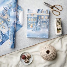 Papel De Presente Natal azul da cidade russa tradicional de inverno