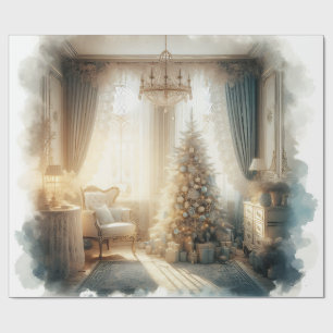 Papel De Presente Natal Azul e Dourado Elegante Vintage