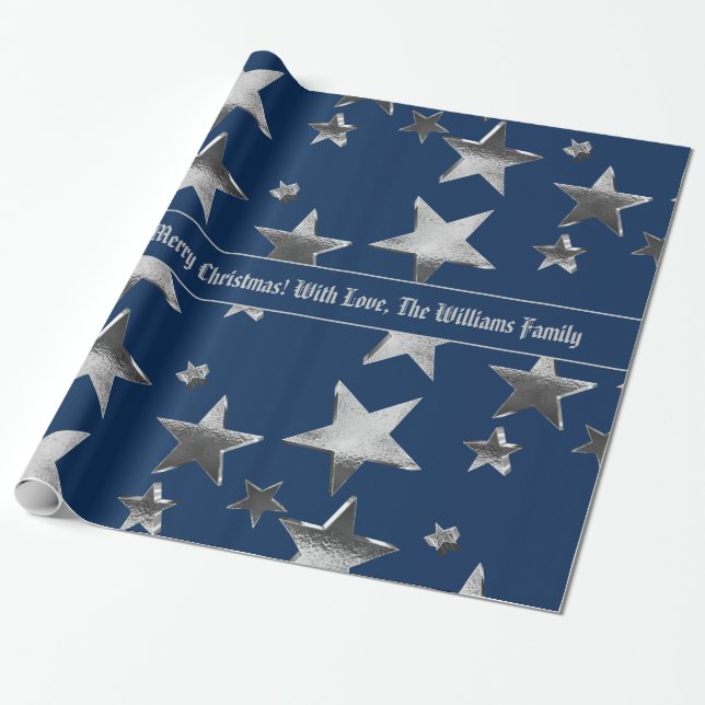 Papel De Presente Natal Azul Padrão das Estrelas de Prata Faux (Desenrolado)