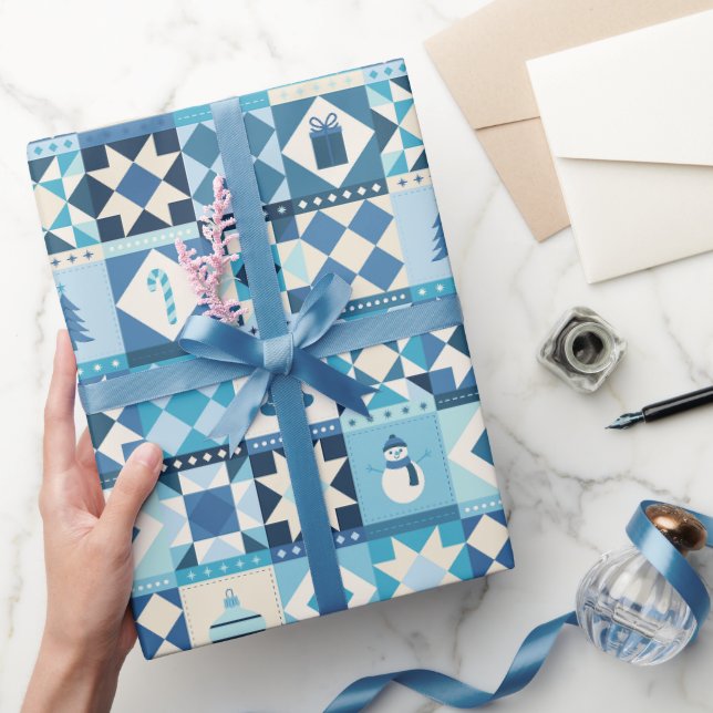 Papel De Presente Natal Azul Patchwork de Férias (Presentear)