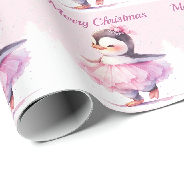Papel De Presente Natal Ballerina Penguin Rosa (Ponta do rolo)