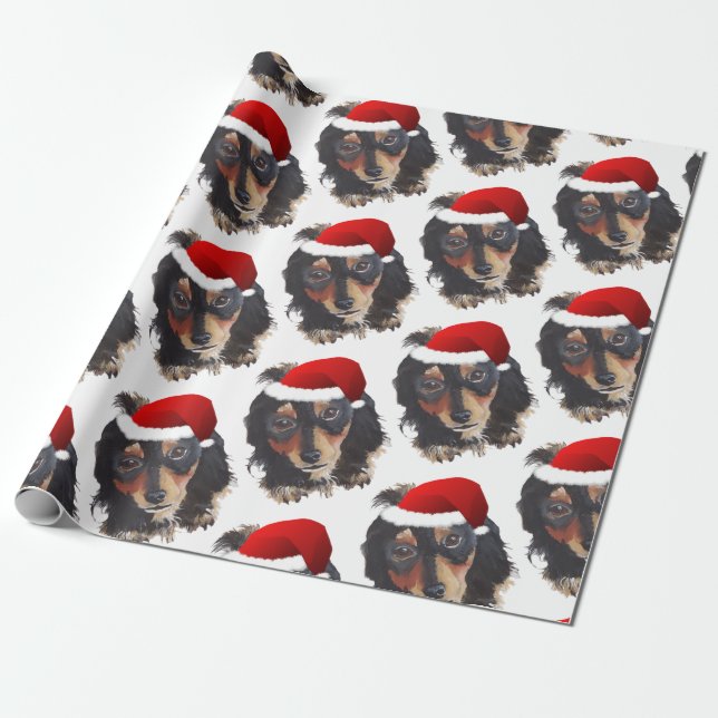 Papel De Presente Natal Black Tan Long Haired Doxie Santa Hat (Desenrolado)