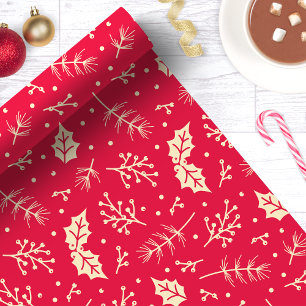 Papel De Presente Natal Botânico com Folhagem Floral Vermelha