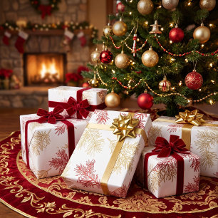 Papel De Presente Natal Botânico Elegante Moderno Dourado Vermelho