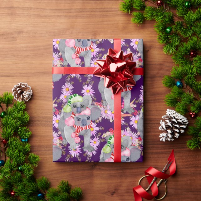 Papel De Presente Natal Botânico Festivo de Koala Roxo (Presente de Natal)
