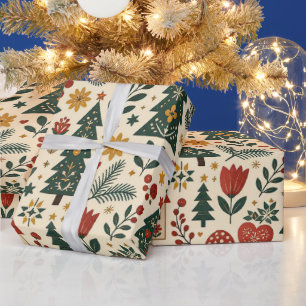Papel De Presente Natal Botânico Folclórico Escandinavo Creme