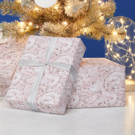 Papel De Presente Natal Botânico Moderno Cor-de-Rosa Branco