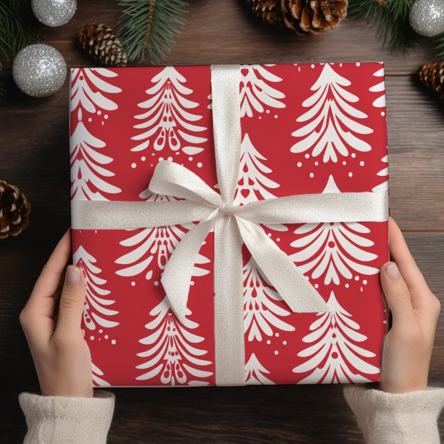 Papel De Presente Natal Branco Árvores Vermelhas Natal (Criador carregado)