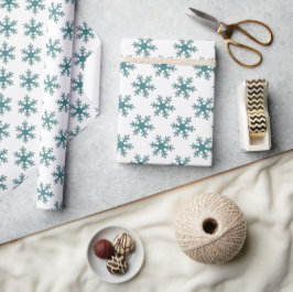 Papel De Presente Natal Branco Azul Padrão Floco de Neve Festa