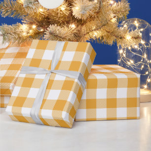 Papel De Presente Natal Branco e Laranja Buffalo Xadrez
