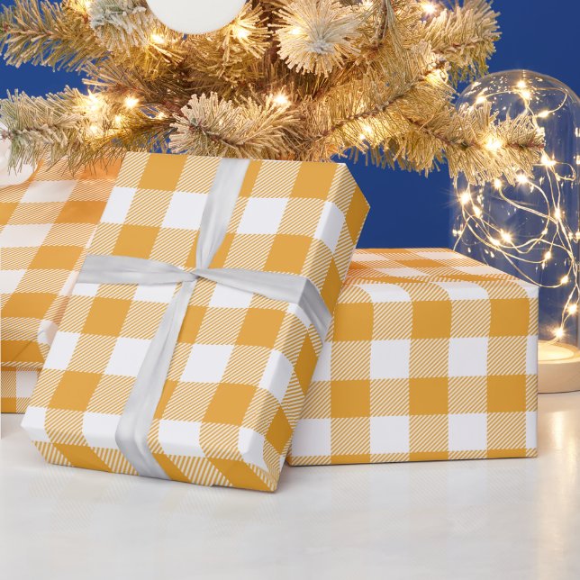 Papel De Presente Natal Branco e Laranja Buffalo Xadrez (Feriados)