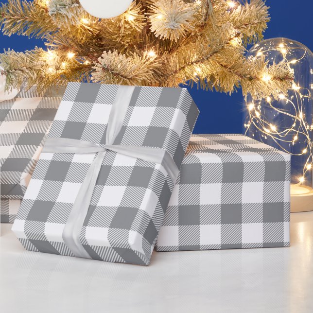 Papel De Presente Natal Branco e Xadrez Búfalo Cinza (Feriados)