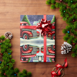 Papel De Presente Natal Branco Retro Caminhão Vermelho e Árvores Vin